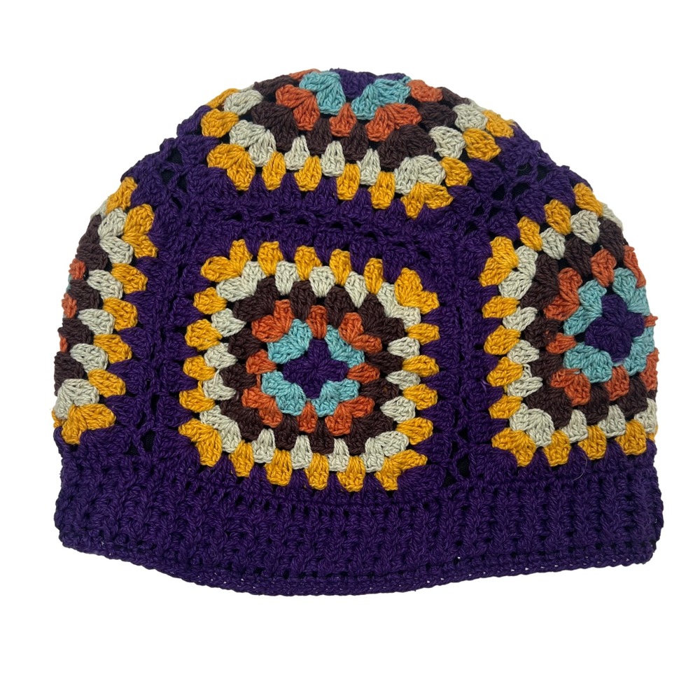 Ganesh Himal Trading Womens Crochet Granny Square Beanie Purple Cotton Nepal